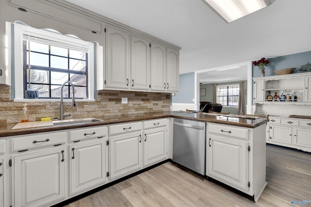 kitchen with stainless steel dishwasher, white cabinetry, and kitchen peninsula