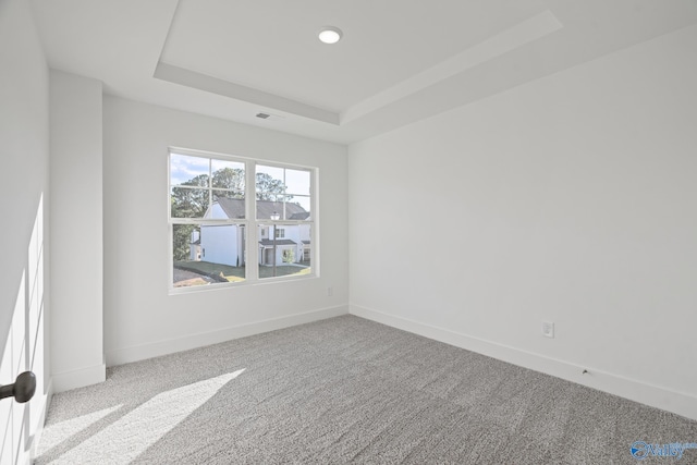 carpeted spare room featuring a tray ceiling