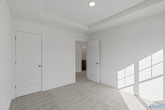 carpeted empty room with a raised ceiling