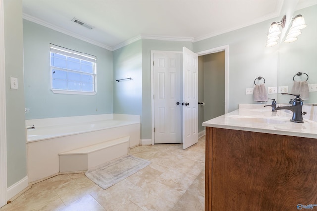 1045 Cove Rd, Southside, AL 35907 - bathroom with visible vents, baseboards, ornamental molding, vanity, and a garden tub