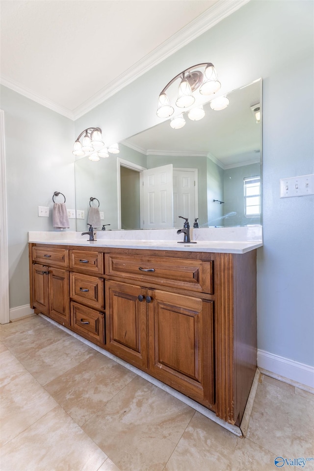 1045 Cove Rd, Southside, AL 35907 - bathroom with baseboards, double vanity, ornamental molding, a chandelier, and a sink