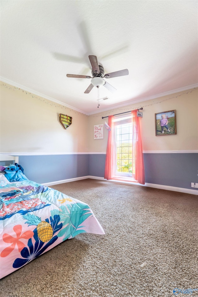 1045 Cove Rd, Southside, AL 35907 - bedroom with carpet flooring, baseboards, crown molding, and a ceiling fan