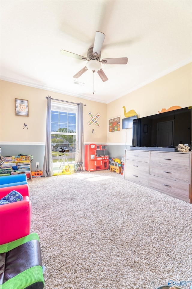 1045 Cove Rd, Southside, AL 35907 - rec room featuring ornamental molding, a ceiling fan, and carpet