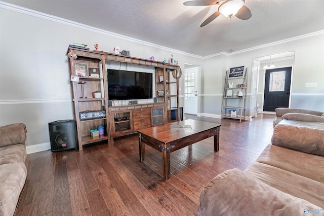 1045 Cove Rd, Southside, AL 35907 - living room featuring baseboards, a ceiling fan, a textured ceiling, crown molding, and hardwood / wood-style floors