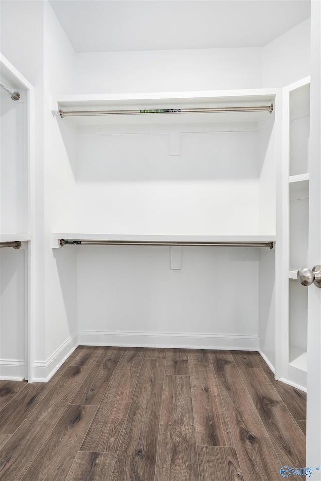 walk in closet with dark wood-type flooring