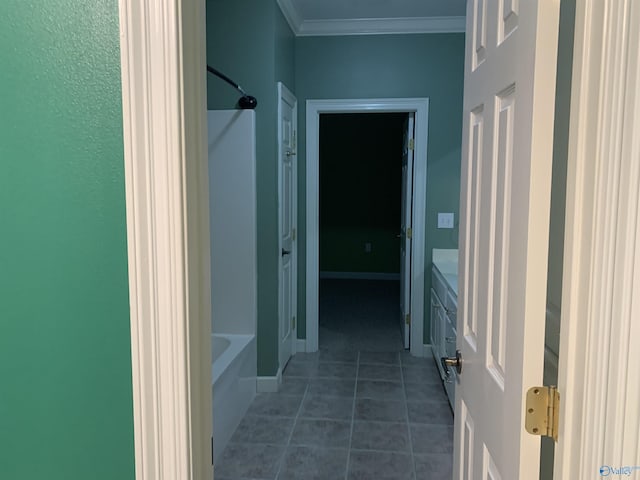 bathroom with vanity and ornamental molding