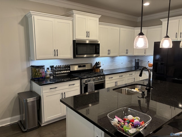 12794 Hudbug Dr, Madison, AL 35756 - kitchen with stainless steel appliances, a sink, white cabinetry, decorative backsplash, and dark wood-style flooring