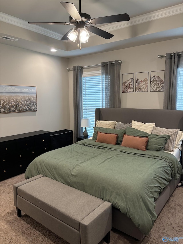 12794 Hudbug Dr, Madison, AL 35756 - carpeted bedroom featuring ornamental molding, a raised ceiling, recessed lighting, and ceiling fan