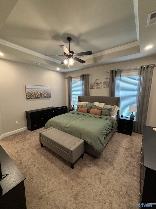 12794 Hudbug Dr, Madison, AL 35756 - bedroom with a tray ceiling, carpet, ornamental molding, a ceiling fan, and baseboards