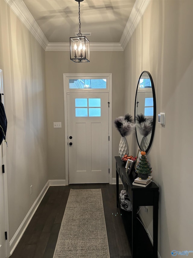 12794 Hudbug Dr, Madison, AL 35756 - entrance foyer with plenty of natural light, a chandelier, crown molding, dark wood-style flooring, and baseboards