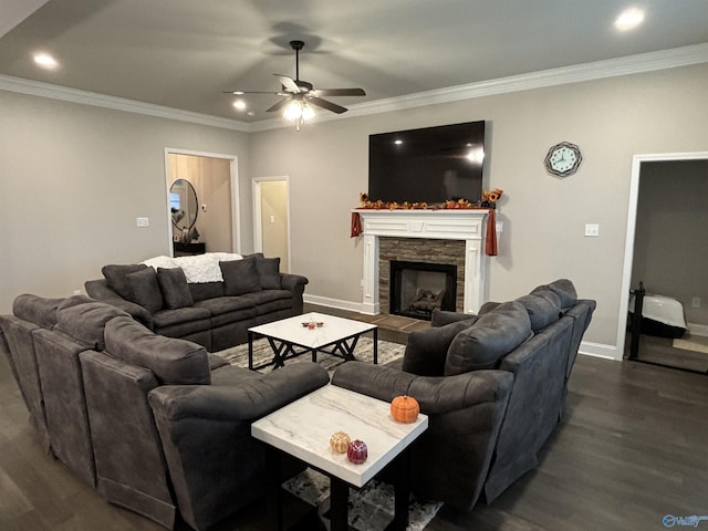 12794 Hudbug Dr, Madison, AL 35756 - living area with dark wood-style floors, a ceiling fan, baseboards, a stone fireplace, and recessed lighting