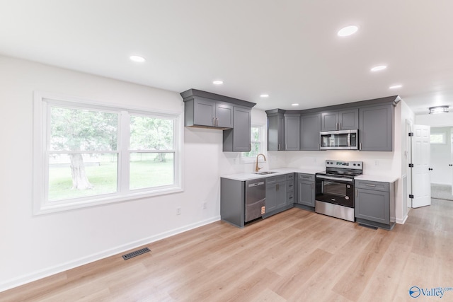 kitchen with a sink, visible vents, stainless steel appliances, light wood-style floors, and gray cabinets