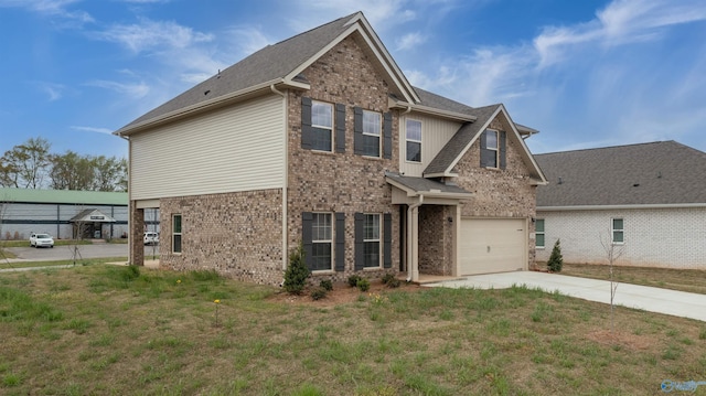 view of front of house featuring a garage, a front lawn, concrete driveway, and brick siding