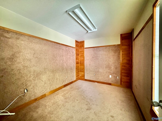 carpeted spare room featuring a textured ceiling and wooden walls