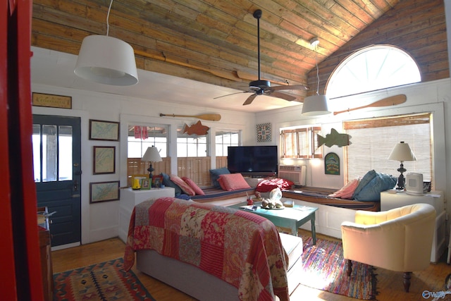 living room with ceiling fan, wood ceiling, wood finished floors, and high vaulted ceiling