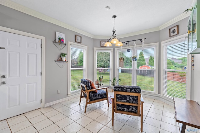 dining space featuring light tile patterned floors, ornamental molding, a chandelier, and baseboards