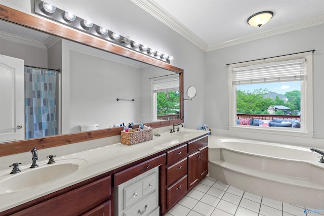 bathroom featuring a sink, a bath, double vanity, ornamental molding, and tile patterned flooring