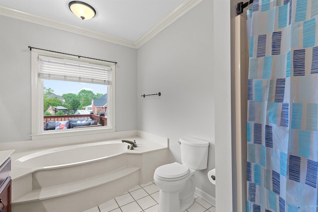 bathroom with crown molding, toilet, tile patterned floors, a garden tub, and vanity