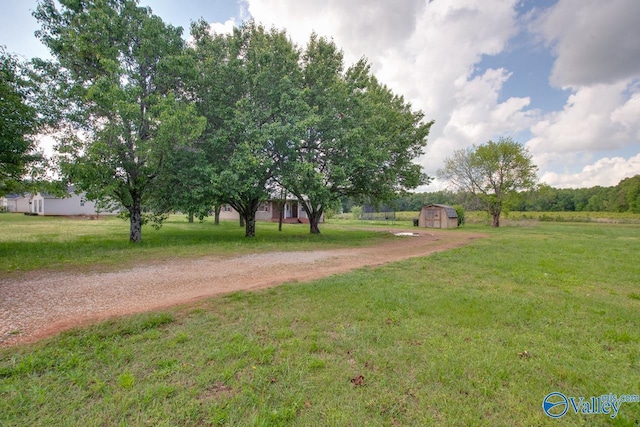 view of yard featuring driveway, a storage unit, and an outdoor structure