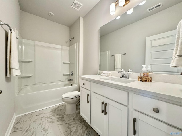 bathroom with marble look tile flooring, vanity, toilet, and bathtub / shower combination