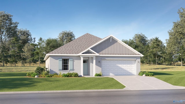 view of front of property with a garage, a front yard, and brick siding