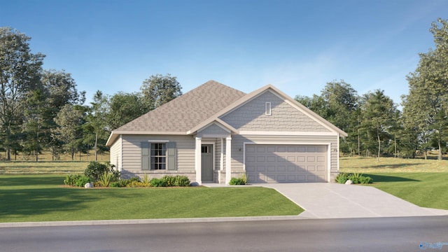 craftsman house featuring a garage, a front lawn, and concrete driveway