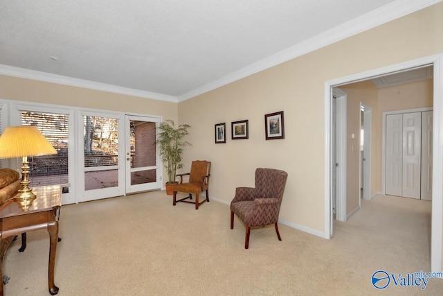 living area with ornamental molding and light colored carpet