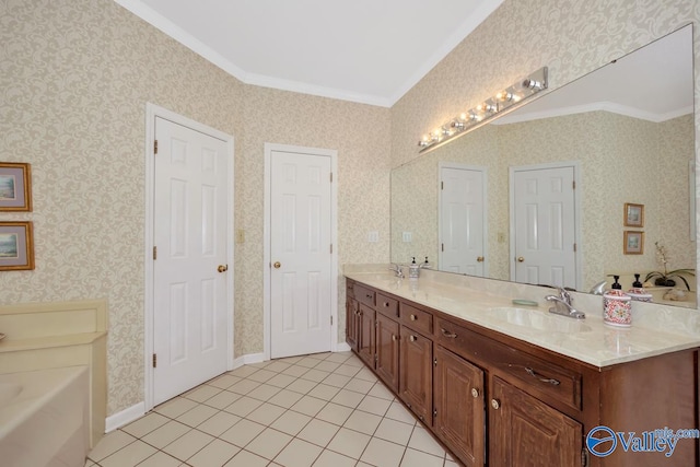 bathroom with dual vanity, a bathing tub, tile patterned flooring, and ornamental molding