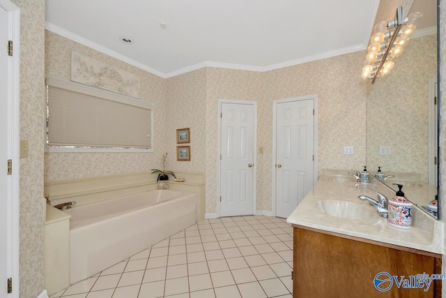 bathroom with a washtub, tile patterned floors, crown molding, and dual bowl vanity