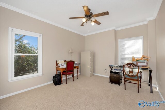 misc room featuring ornamental molding, light carpet, and ceiling fan