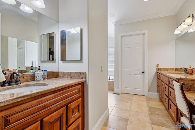 bathroom featuring crown molding, vanity, and tile patterned floors