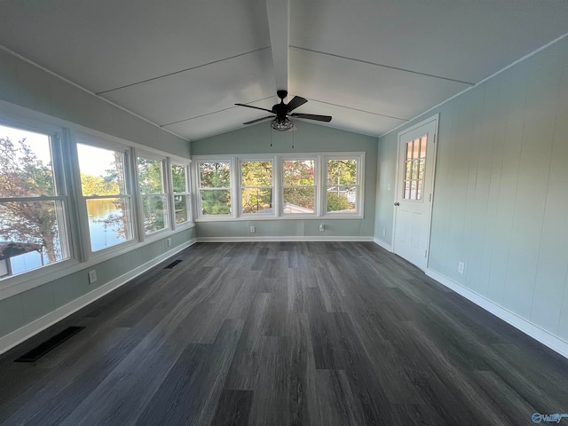 unfurnished sunroom featuring lofted ceiling and ceiling fan