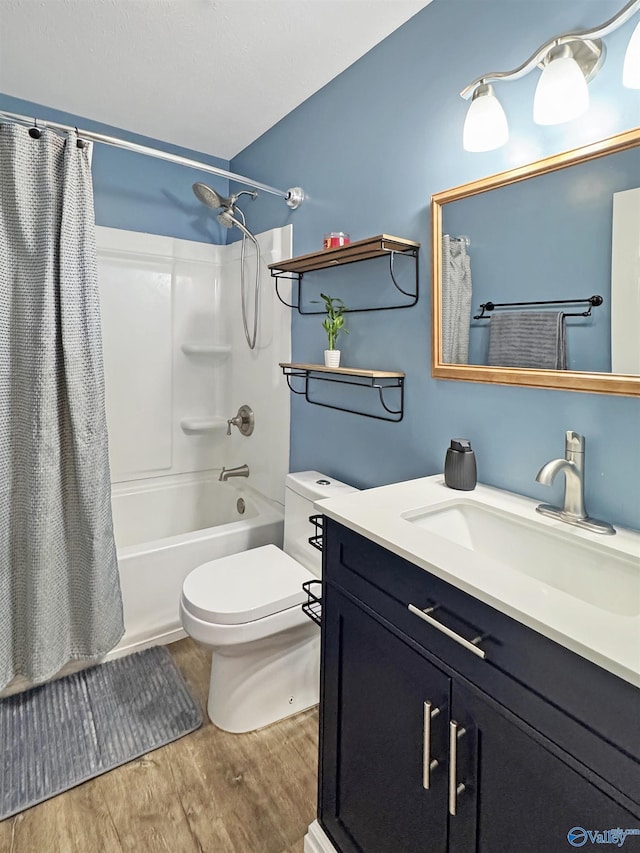 full bathroom featuring shower / bath combo, toilet, vanity, and hardwood / wood-style flooring