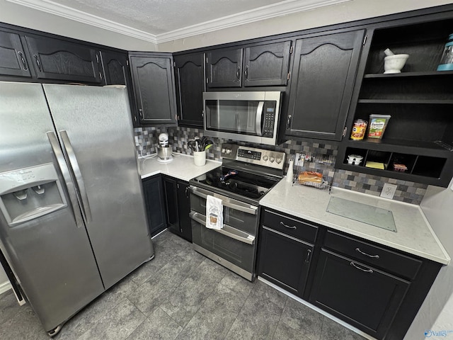 kitchen with appliances with stainless steel finishes, crown molding, backsplash, and a textured ceiling