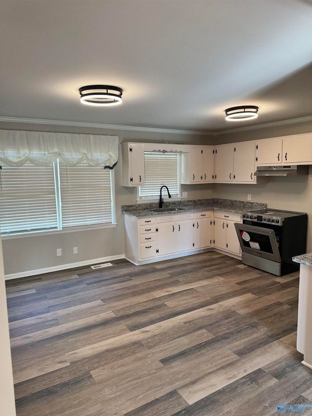 kitchen with dark wood-type flooring, electric stove, crown molding, sink, and white cabinetry