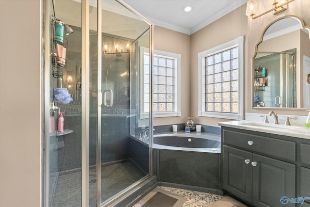 bathroom featuring a garden tub, ornamental molding, a shower stall, and vanity