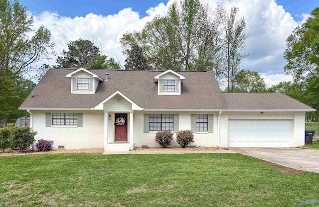 cape cod home with a front lawn, driveway, brick siding, an attached garage, and crawl space