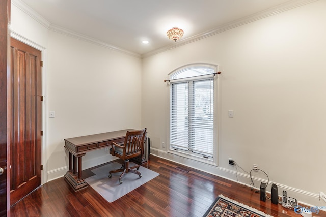office space with a wealth of natural light, dark hardwood / wood-style flooring, and ornamental molding