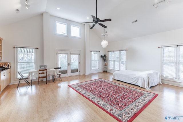 bedroom with access to exterior, light wood-type flooring, french doors, and track lighting