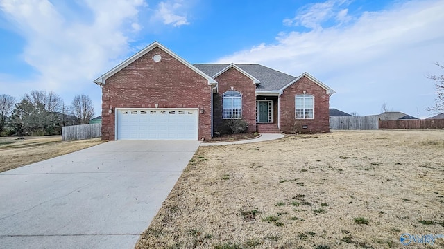 ranch-style home featuring driveway, fence, and brick siding