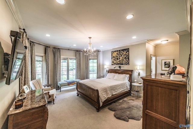 bedroom featuring an inviting chandelier, ornamental molding, and light colored carpet