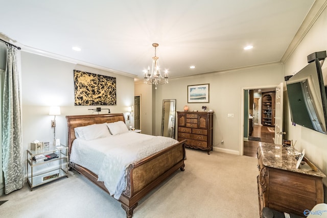 bedroom with crown molding, light colored carpet, and a notable chandelier