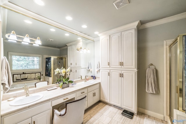 bathroom with crown molding, vanity, and shower with separate bathtub