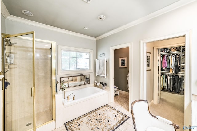 bathroom with crown molding, plus walk in shower, and toilet