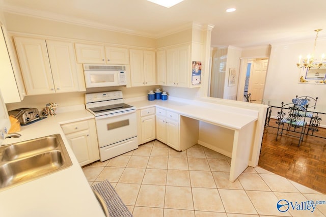 kitchen with white appliances, light parquet floors, sink, ornamental molding, and decorative light fixtures