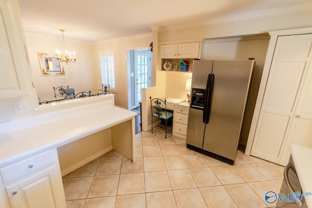 kitchen featuring ornamental molding, light tile patterned floors, a chandelier, stainless steel fridge with ice dispenser, and hanging light fixtures