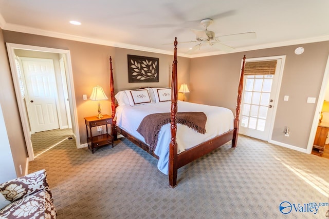 bedroom featuring ceiling fan, ornamental molding, and carpet floors