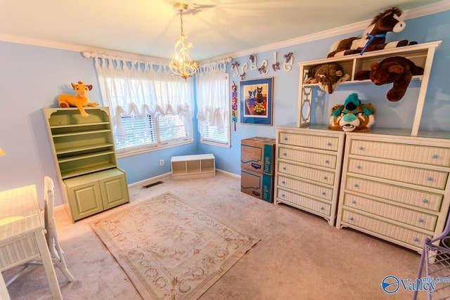 misc room featuring carpet flooring and crown molding