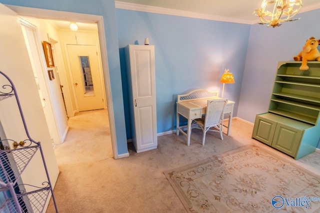 carpeted home office with crown molding and a notable chandelier