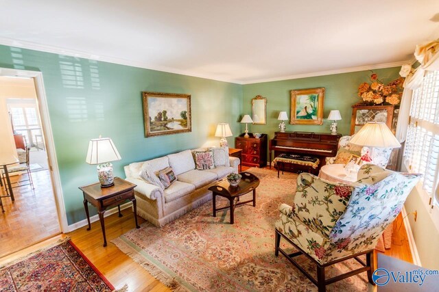 living room featuring hardwood / wood-style flooring and crown molding